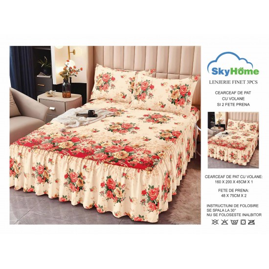 Cearsaf cu volanase, Bumbac FINET, plus 2 fete de perne 50x70cm, Crem-Multicolor, flori, LDBS-201 3 lenjerii la 199 lei Cearsaf cu volanase, Bumbac FINET, plus 2 fete de perne 50x70cm, Crem-Multicolor, flori, LDBS-201 3 lenjerii la 199 lei