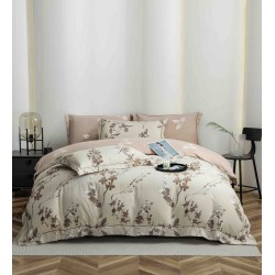 Lenjerie pat dublu, BUMBAC FINET, 6 piese, cu ELASTIC, Bej-Crem, flori, LPL-001