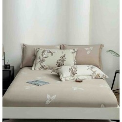 Lenjerie pat dublu, BUMBAC FINET, 6 piese, cu ELASTIC, Bej-Crem, flori, LPL-001