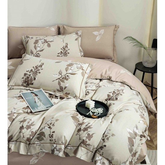 Lenjerie pat dublu, BUMBAC FINET, 6 piese, cu ELASTIC, Bej-Crem, flori, LPL-001 Lenjerii Finet premium  lux cu elastic