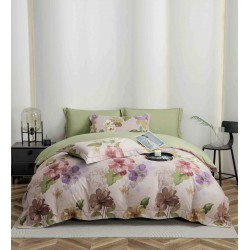 Lenjerie pat dublu, BUMBAC FINET, 6 piese, cu ELASTIC, Verde-Multicolor, flori, LPL-002