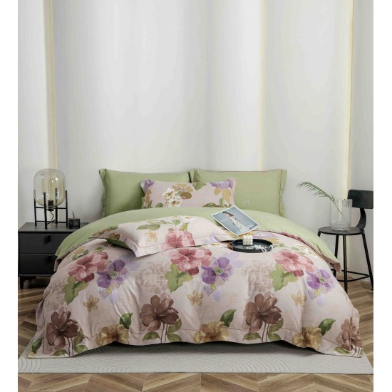 Lenjerie pat dublu, BUMBAC FINET, 6 piese, cu ELASTIC, Verde-Multicolor, flori, LPL-002 Lenjerii Finet premium  lux cu elastic