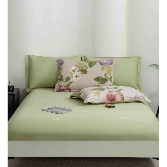 Lenjerie pat dublu, BUMBAC FINET, 6 piese, cu ELASTIC, Verde-Multicolor, flori, LPL-002 Lenjerii Finet premium  lux cu elastic