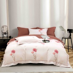 Lenjerie pat dublu, BUMBAC FINET, 6 piese, cu ELASTIC, Maro-Crem, flori, LPL-003