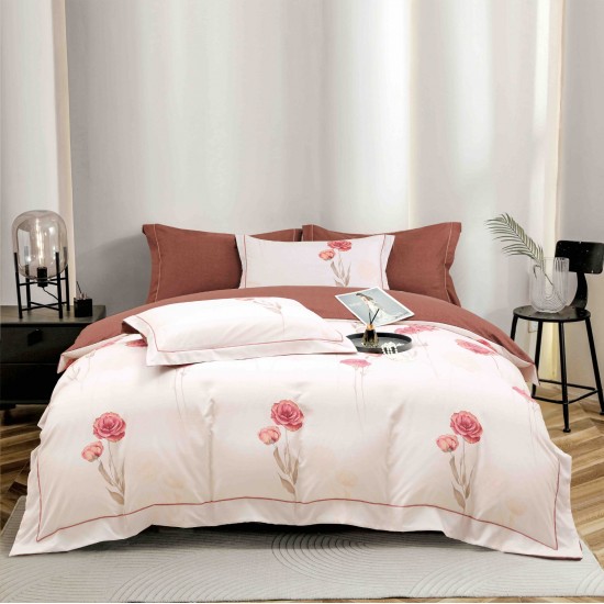 Lenjerie pat dublu, BUMBAC FINET, 6 piese, cu ELASTIC, Maro-Crem, flori, LPL-003 Lenjerii Finet premium  lux cu elastic