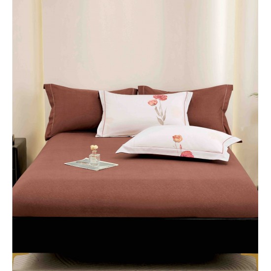 Lenjerie pat dublu, BUMBAC FINET, 6 piese, cu ELASTIC, Maro-Crem, flori, LPL-003 Lenjerii Finet premium  lux cu elastic