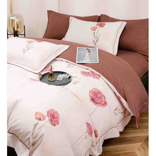 Lenjerie pat dublu, BUMBAC FINET, 6 piese, cu ELASTIC, Maro-Crem, flori, LPL-003 Lenjerii Finet premium  lux cu elastic