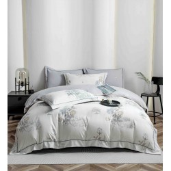 Lenjerie pat dublu, BUMBAC FINET, 6 piese, cu ELASTIC, Alb-Gri, flori, LPL-004