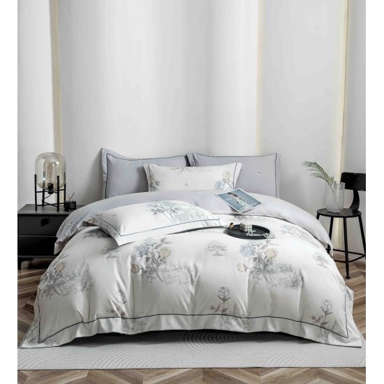 Lenjerie pat dublu, BUMBAC FINET, 6 piese, cu ELASTIC, Alb-Gri, flori, LPL-004 Lenjerii Finet premium  lux cu elastic
