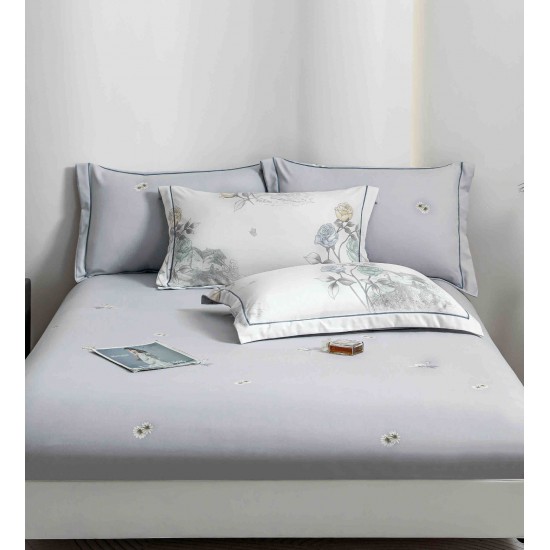 Lenjerie pat dublu, BUMBAC FINET, 6 piese, cu ELASTIC, Alb-Gri, flori, LPL-004 Lenjerii Finet premium  lux cu elastic