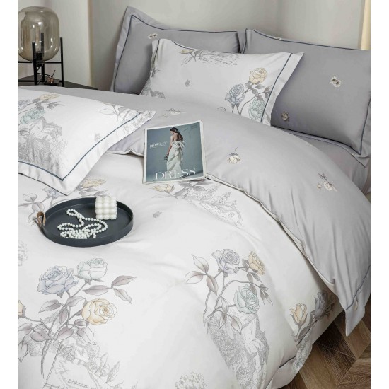 Lenjerie pat dublu, BUMBAC FINET, 6 piese, cu ELASTIC, Alb-Gri, flori, LPL-004 Lenjerii Finet premium  lux cu elastic