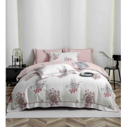 Lenjerie pat dublu, BUMBAC FINET, 6 piese, cu ELASTIC, Alb-Roz, flori, LPL-005