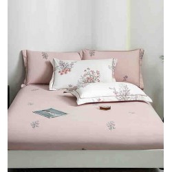 Lenjerie pat dublu, BUMBAC FINET, 6 piese, cu ELASTIC, Alb-Roz, flori, LPL-005