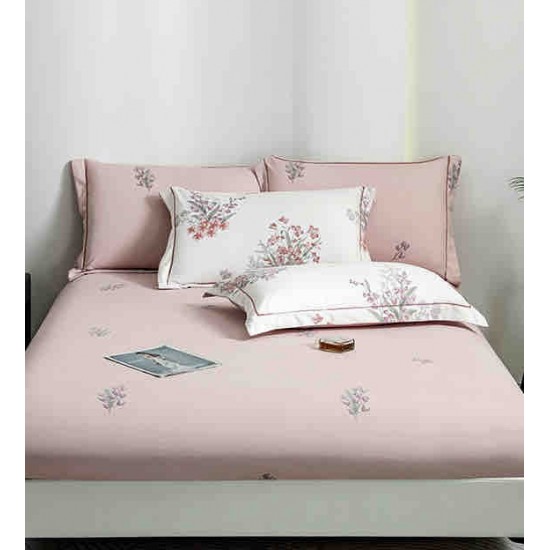 Lenjerie pat dublu, BUMBAC FINET, 6 piese, cu ELASTIC, Alb-Roz, flori, LPL-005 Lenjerii Finet premium  lux cu elastic