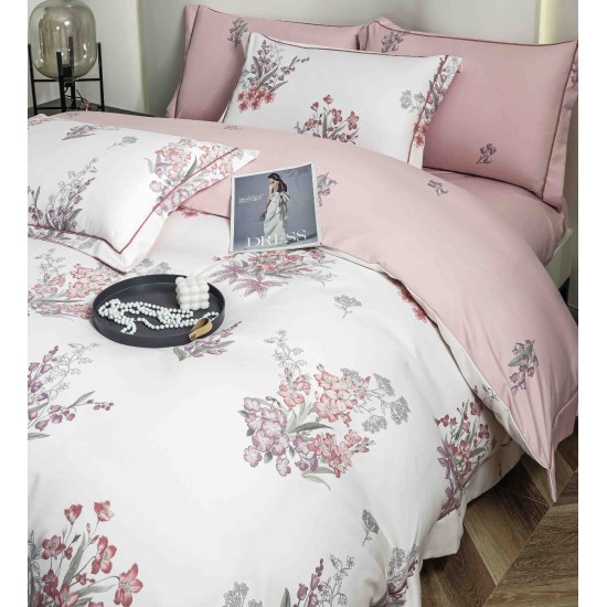 Lenjerie pat dublu, BUMBAC FINET, 6 piese, cu ELASTIC, Alb-Roz, flori, LPL-005 Lenjerii Finet premium  lux cu elastic