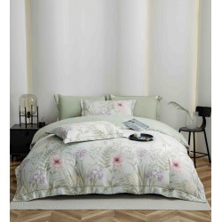 Lenjerie pat dublu, BUMBAC FINET, 6 piese, cu ELASTIC, Alb-Vernil, flori, LPL-006