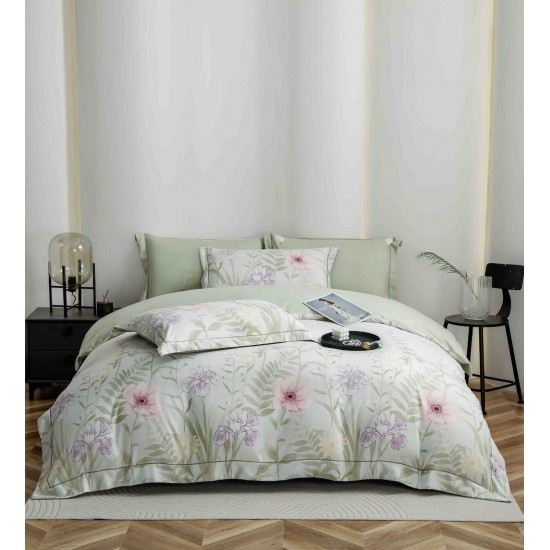 Lenjerie pat dublu, BUMBAC FINET, 6 piese, cu ELASTIC, Alb-Vernil, flori, LPL-006 Lenjerii Finet premium  lux cu elastic