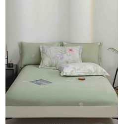 Lenjerie pat dublu, BUMBAC FINET, 6 piese, cu ELASTIC, Alb-Vernil, flori, LPL-006