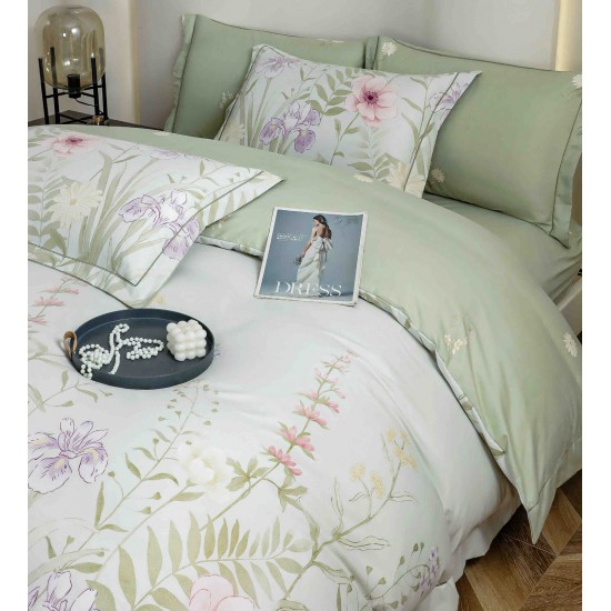 Lenjerie pat dublu, BUMBAC FINET, 6 piese, cu ELASTIC, Alb-Vernil, flori, LPL-006 Lenjerii Finet premium  lux cu elastic