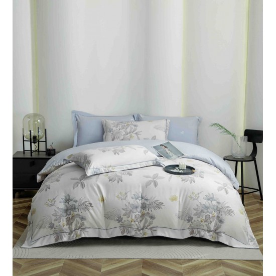 Lenjerie pat dublu, BUMBAC FINET, 6 piese, cu ELASTIC, Alb-Blue, flori, LPL-007 Lenjerii Finet premium  lux cu elastic