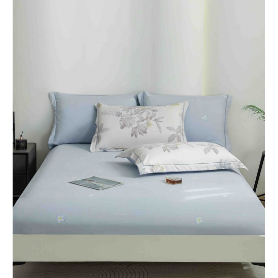 Lenjerie pat dublu, BUMBAC FINET, 6 piese, cu ELASTIC, Alb-Blue, flori, LPL-007 Lenjerii Finet premium  lux cu elastic