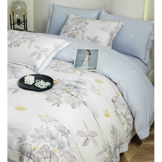 Lenjerie pat dublu, BUMBAC FINET, 6 piese, cu ELASTIC, Alb-Blue, flori, LPL-007 Lenjerii Finet premium  lux cu elastic