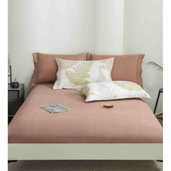 Lenjerie pat dublu, BUMBAC FINET, 6 piese, cu ELASTIC, Alb-Maro, frunze, LPL-008 Lenjerii Finet premium  lux cu elastic