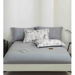 Lenjerie pat dublu, BUMBAC FINET, 6 piese, cu ELASTIC, Alb-Gri, flori, LPL-011