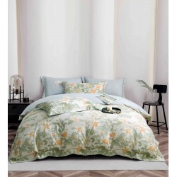 Lenjerie pat dublu, BUMBAC FINET, 6 piese, cu ELASTIC, Verde-Blue, flori, LPL-013