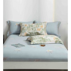 Lenjerie pat dublu, BUMBAC FINET, 6 piese, cu ELASTIC, Verde-Blue, flori, LPL-013