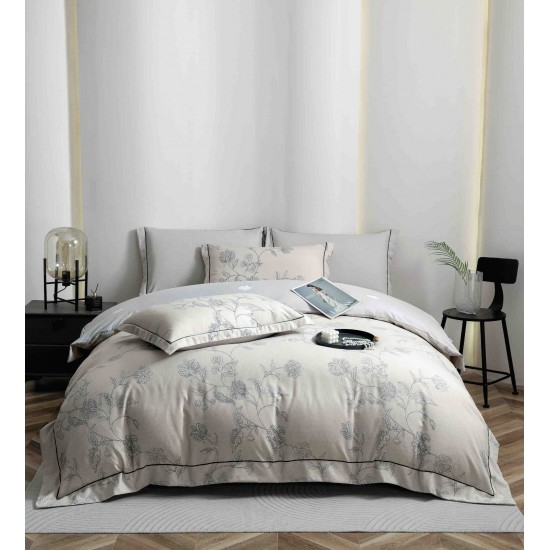 Lenjerie pat dublu, BUMBAC FINET, 6 piese, cu ELASTIC, Gri, flori, LPL-014 Lenjerii Finet premium  lux cu elastic