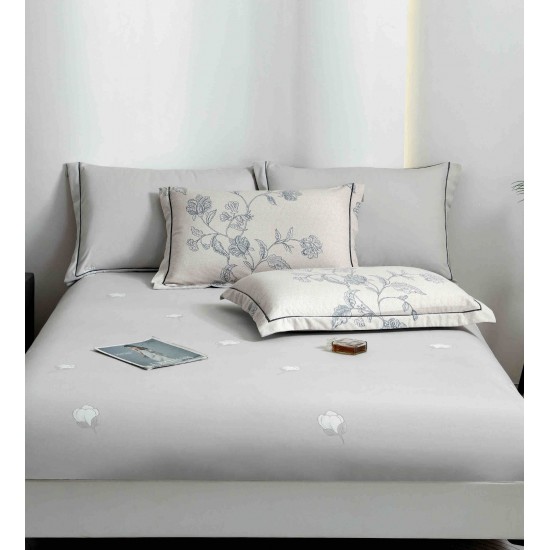 Lenjerie pat dublu, BUMBAC FINET, 6 piese, cu ELASTIC, Gri, flori, LPL-014 Lenjerii Finet premium  lux cu elastic