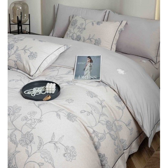 Lenjerie pat dublu, BUMBAC FINET, 6 piese, cu ELASTIC, Gri, flori, LPL-014 Lenjerii Finet premium  lux cu elastic