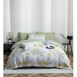Lenjerie pat dublu, BUMBAC FINET, 6 piese, cu ELASTIC, Verde-Alb, frunze, LPL-015