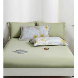 Lenjerie pat dublu, BUMBAC FINET, 6 piese, cu ELASTIC, Verde-Alb, frunze, LPL-015