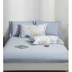 Lenjerie pat dublu, BUMBAC FINET, 6 piese, cu ELASTIC, Alb-Blue, flori, LPL-016