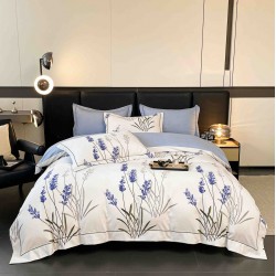 Lenjerie pat dublu, BUMBAC FINET, 6 piese, cu ELASTIC, Alb-Blue, flori, LPL-017