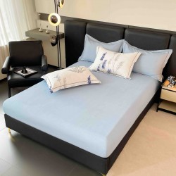 Lenjerie pat dublu, BUMBAC FINET, 6 piese, cu ELASTIC, Alb-Blue, flori, LPL-017