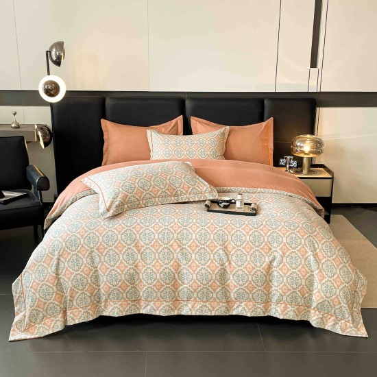 Lenjerie pat dublu, BUMBAC FINET, 6 piese, cu ELASTIC, Crem-Portocaliu, LPL-018 Lenjerii Finet premium  lux cu elastic