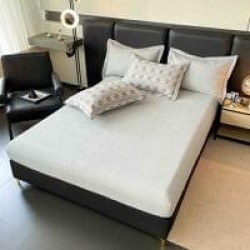 Lenjerie pat dublu, BUMBAC FINET, 6 piese, cu ELASTIC, Gri-Crem, patrate, LPL-019