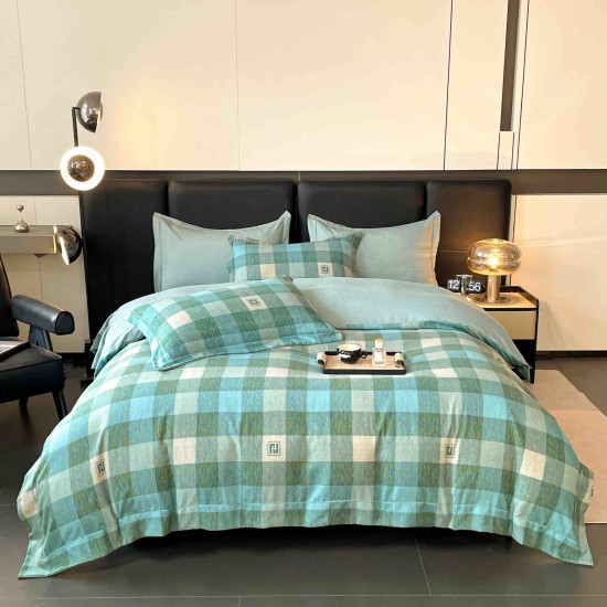 Lenjerie pat dublu, BUMBAC FINET, 6 piese, cu ELASTIC, Verde-Crem, patrate, LPL-020 Lenjerii Finet premium  lux cu elastic