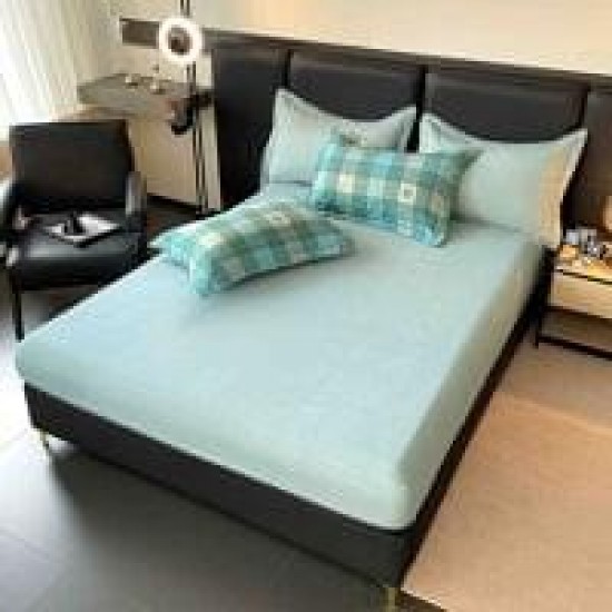 Lenjerie pat dublu, BUMBAC FINET, 6 piese, cu ELASTIC, Verde-Crem, patrate, LPL-020 Lenjerii Finet premium  lux cu elastic