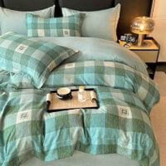 Lenjerie pat dublu, BUMBAC FINET, 6 piese, cu ELASTIC, Verde-Crem, patrate, LPL-020 Lenjerii Finet premium  lux cu elastic