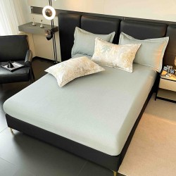 Lenjerie pat dublu, BUMBAC FINET, 6 piese, cu ELASTIC, Vernil-Crem, pomi, LPL-024