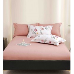 Lenjerie pat dublu, BUMBAC FINET, 6 piese, cu ELASTIC, Alb-Roz, flori, LPL-025