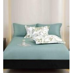 Lenjerie pat dublu, BUMBAC FINET, 6 piese, cu ELASTIC, Alb-Verde, frunze, LPL-030