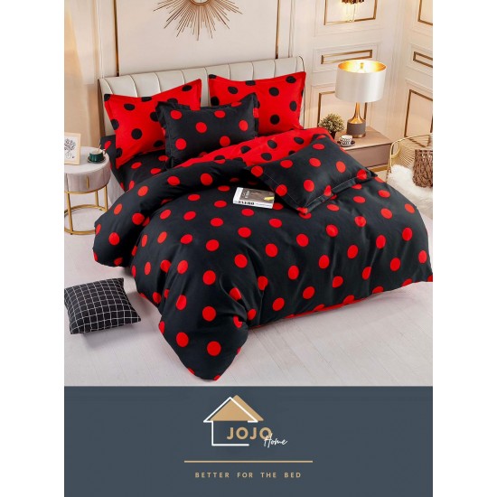 Set Lenjerie de Pat din Finet cu 2 Fete, 6 Piese, Pat 2 Persoane, Negru-Rosu, buline, LDF-104 Lenjerii Finet 6 piese