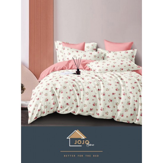 Set Lenjerie de Pat din Finet cu 2 Fete, 6 Piese, Pat 2 Persoane, Alb-Roz, flori, LDF-111 Lenjerii Finet 6 piese