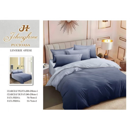 Set Lenjerie de Pat din Finet cu 2 Fete, 6 Piese, Pat 2 Persoane, Albastru, degrade, LDF-089 Lenjerii Finet 6 piese