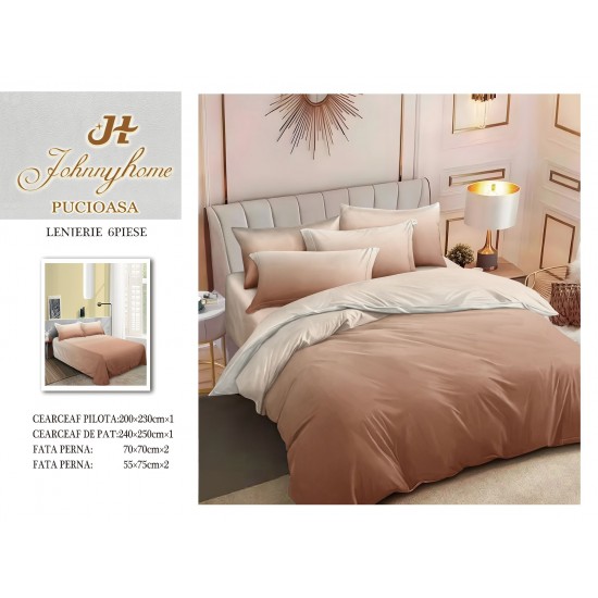 Set Lenjerie de Pat din Finet cu 2 Fete, 6 Piese, Pat 2 Persoane, Bej, degrade, LDF-046 Lenjerii Finet 6 piese